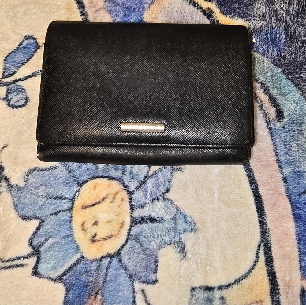 Burberry Black Leather Fold Wallet with Silver Accent